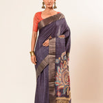 Blue Katha Stitch Hand Embroidery Gicha Silk Saree - Anvi Couture