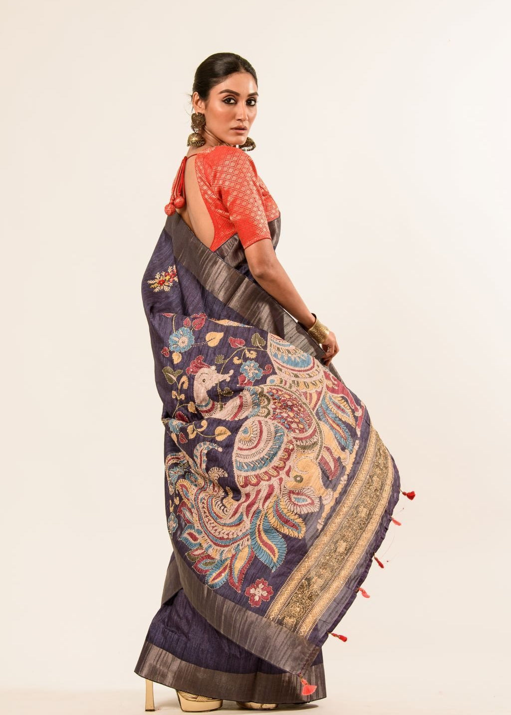 Blue Katha Stitch Hand Embroidery Gicha Silk Saree - Anvi Couture