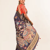 Blue Katha Stitch Hand Embroidery Gicha Silk Saree - Anvi Couture