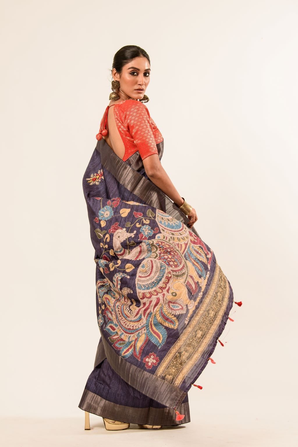 Blue Katha Stitch Hand Embroidery Gicha Silk Saree - Anvi Couture