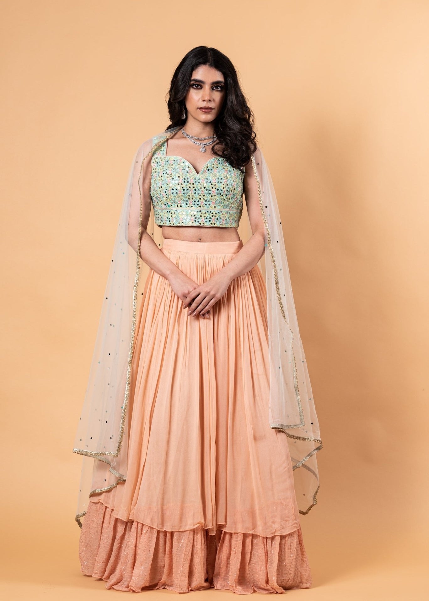 Peach Lehenga Set with Mirror Work Choli and Dupatta - Anvi Couture