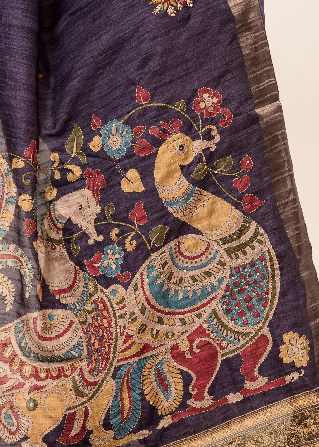Blue Katha Stitch Gicha Silk Saree