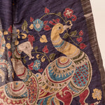 Blue Katha Stitch Hand Embroidery Gicha Silk Saree - Anvi Couture