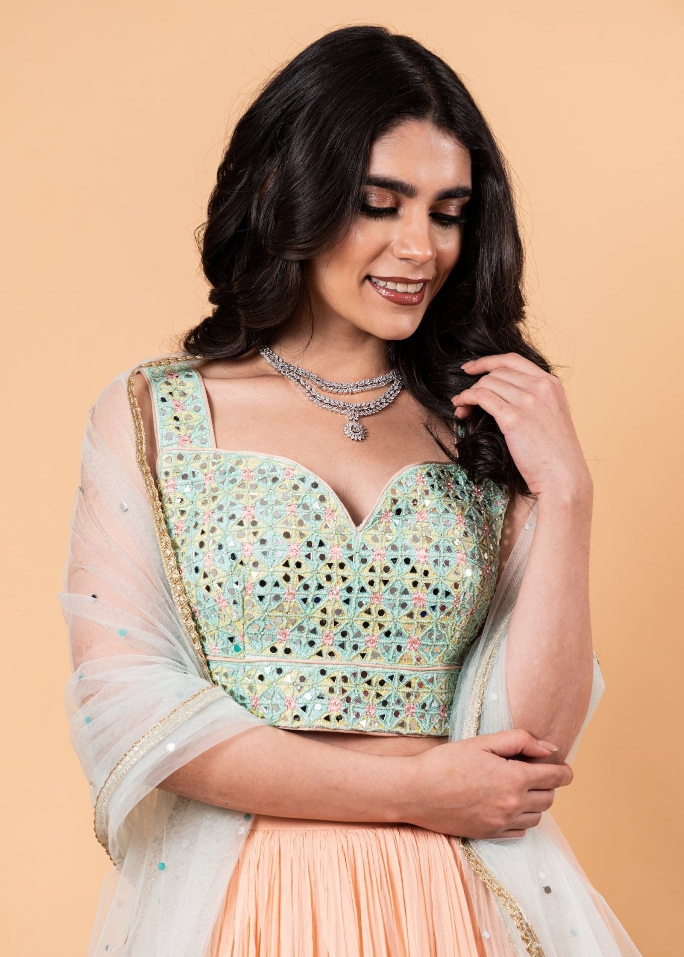Peach Lehenga Set with Mirror Work Choli and Dupatta - Anvi Couture