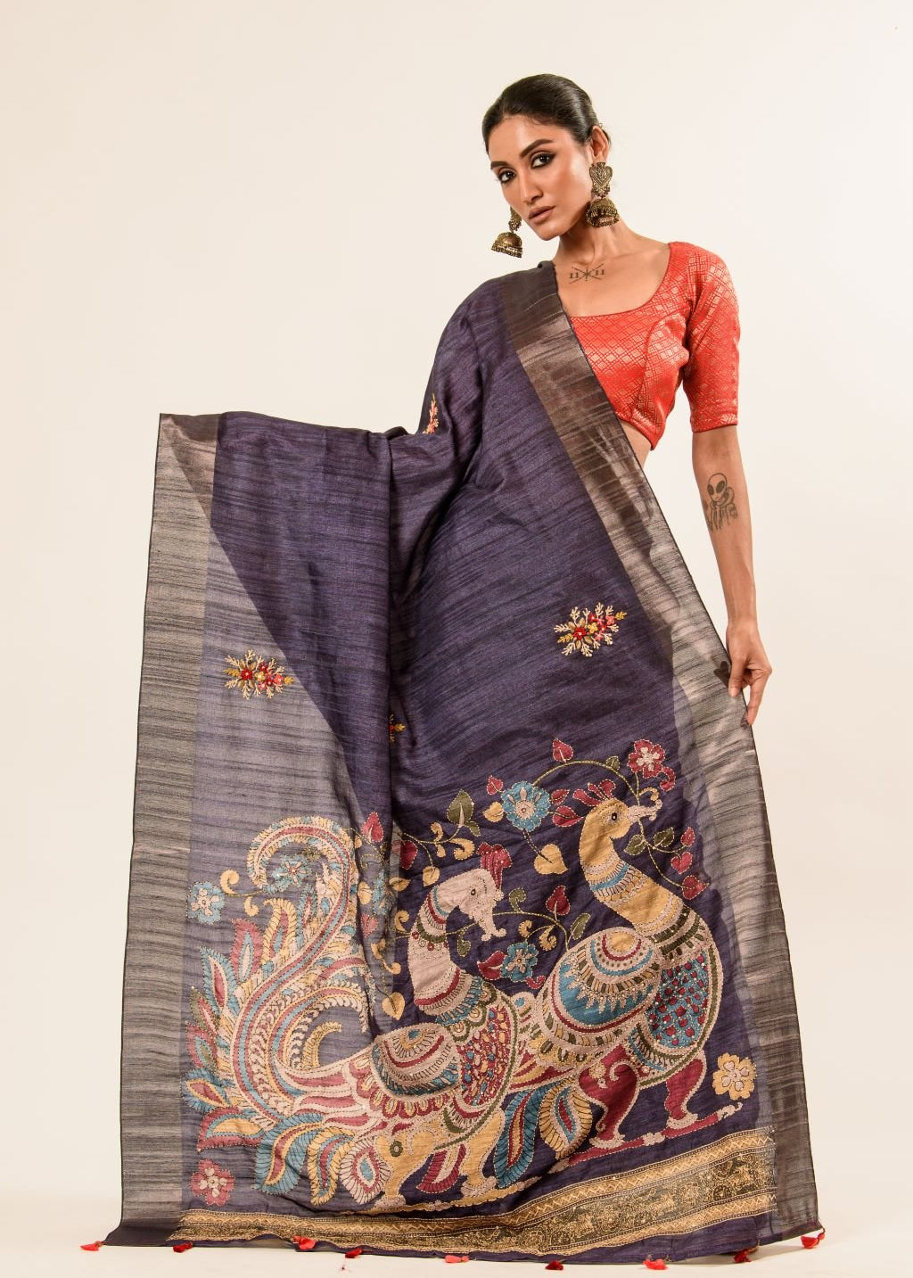 Blue Katha Stitch Gicha Silk Saree