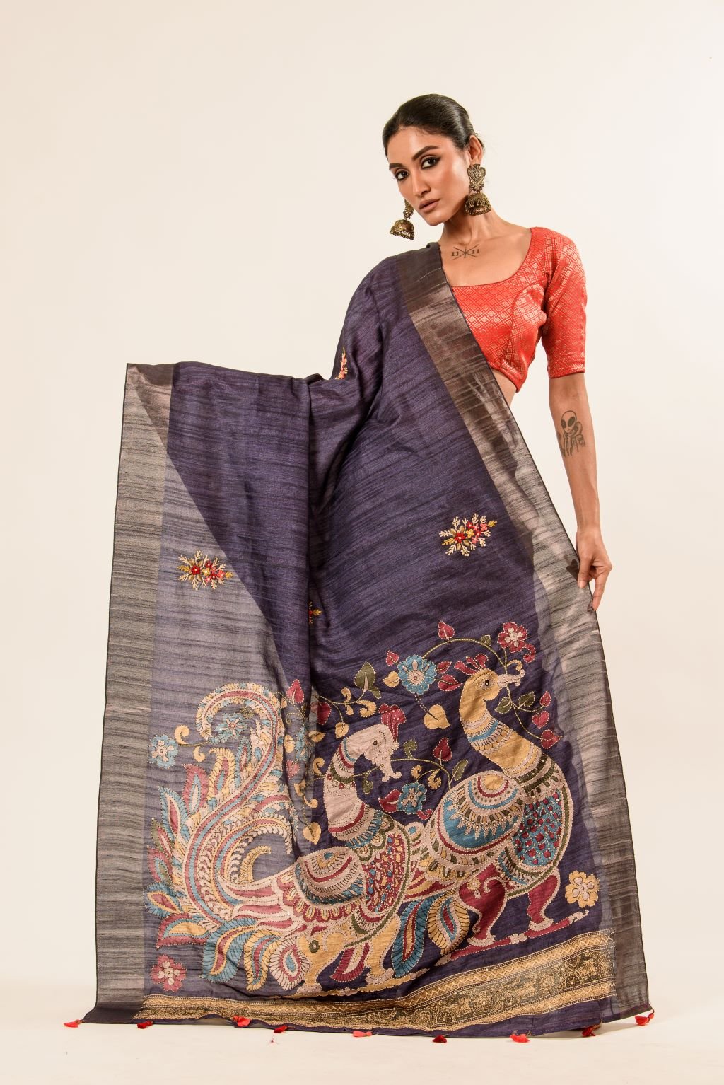 Blue Katha Stitch Hand Embroidery Gicha Silk Saree - Anvi Couture