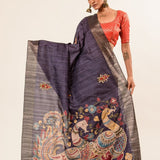 Blue Katha Stitch Hand Embroidery Gicha Silk Saree - Anvi Couture