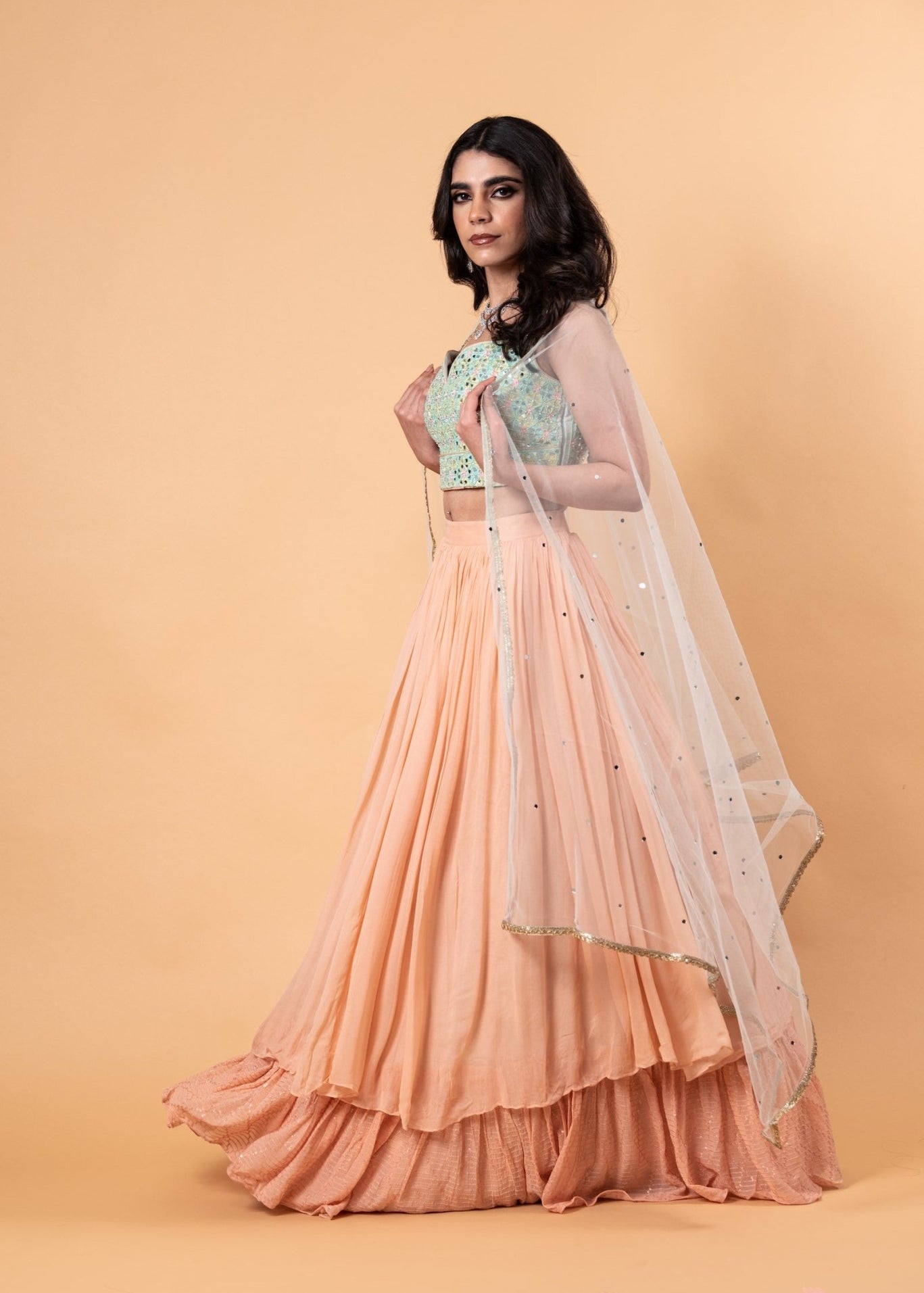 Peach Lehenga Set with Mirror Work Choli and Dupatta - Anvi Couture