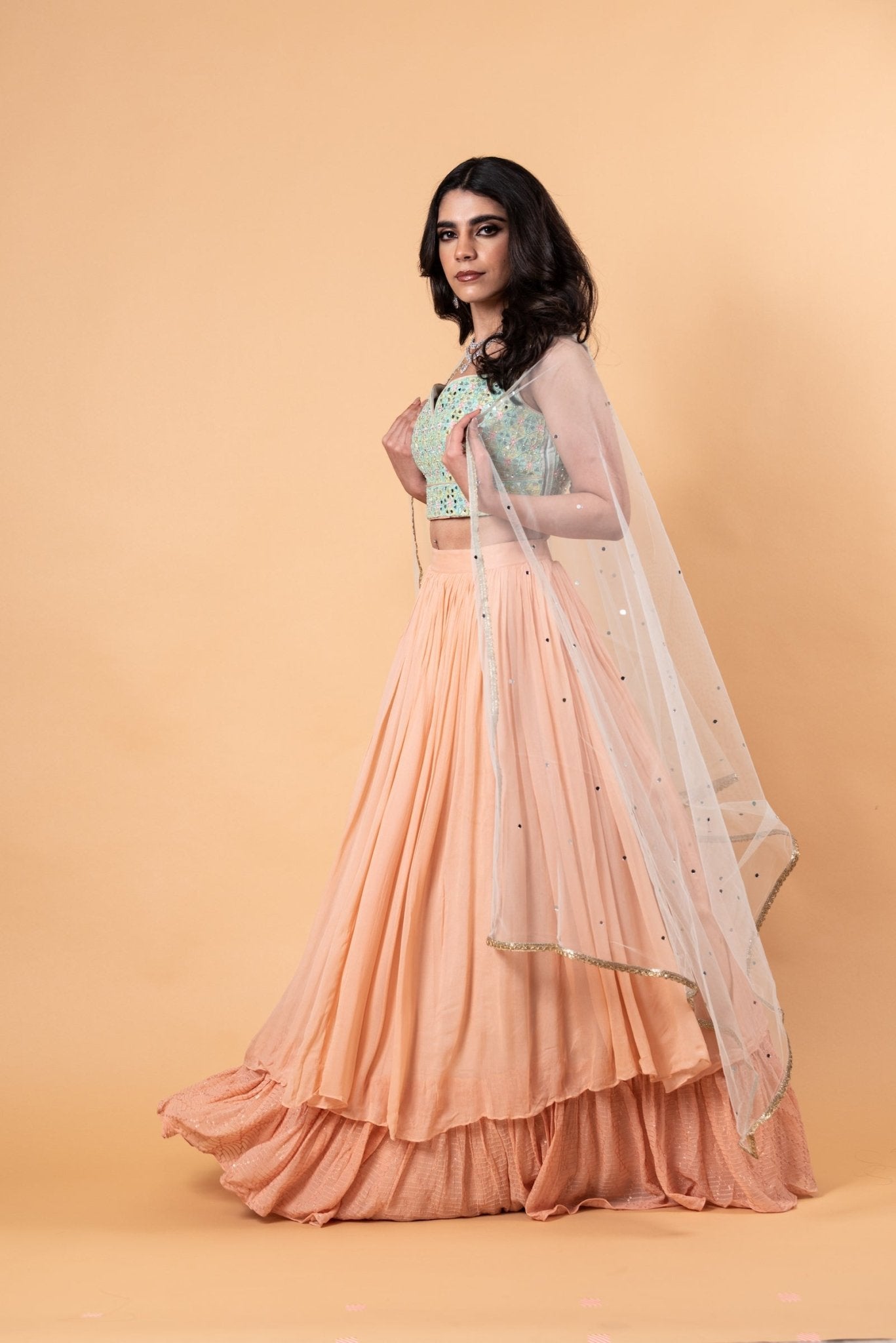 Peach Lehenga Set with Mirror Work Choli and Dupatta - Anvi Couture