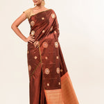 Dark Brown Borderless Authentic Kanjivaram Pure Silk Saree with Contrast Pallu - Anvi Couture