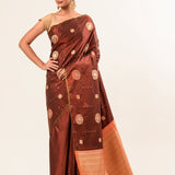 Dark Brown Borderless Authentic Kanjivaram Pure Silk Saree with Contrast Pallu - Anvi Couture