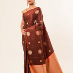 Dark Brown Borderless Authentic Kanjivaram Pure Silk Saree with Contrast Pallu - Anvi Couture