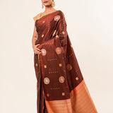 Dark Brown Borderless Authentic Kanjivaram Pure Silk Saree with Contrast Pallu - Anvi Couture