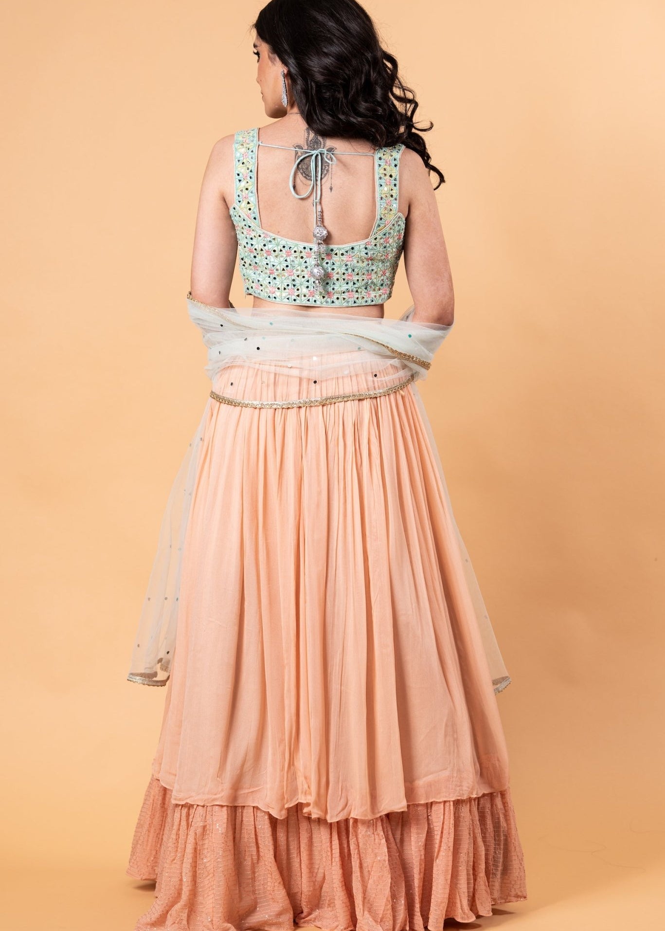 Peach Lehenga Set with Mirror Work Choli and Dupatta - Anvi Couture