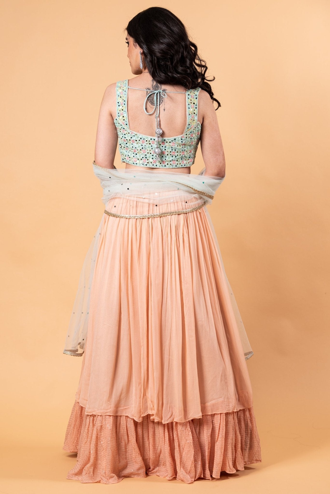 Peach Lehenga Set with Mirror Work Choli and Dupatta - Anvi Couture