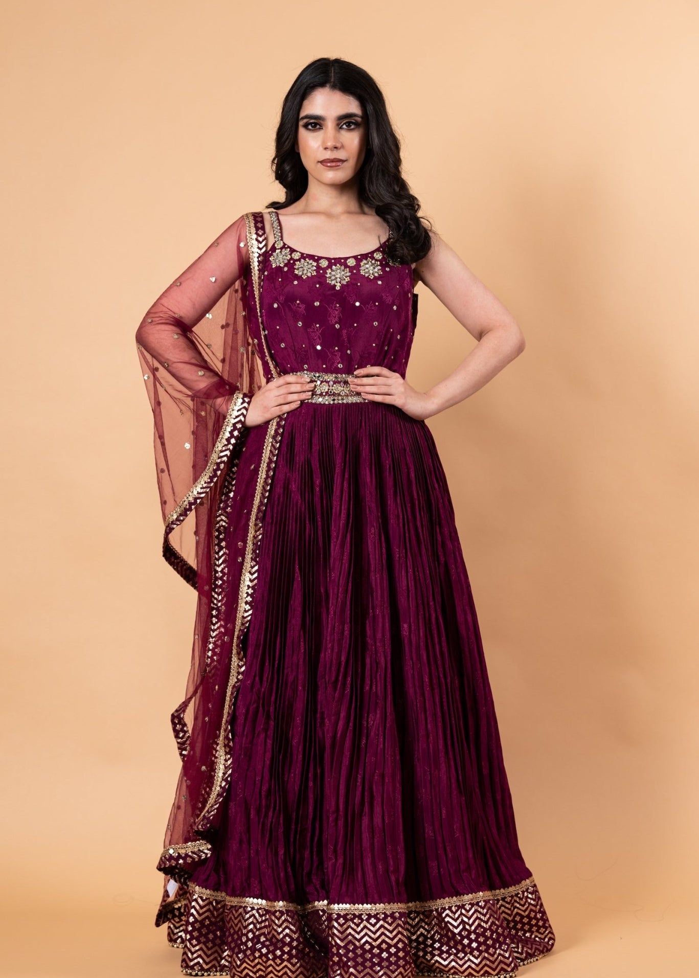 Wine Purple Embroidered Embellishment Silk Gown - Anvi Couture