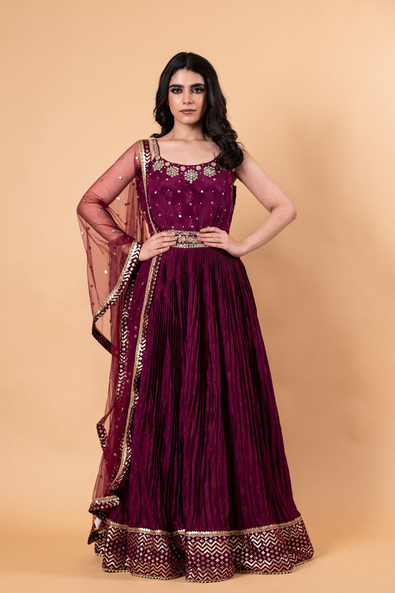 Wine Purple Embroidered Embellishment Silk Gown - Anvi Couture