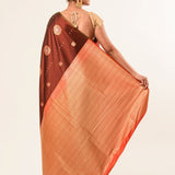 Dark Brown Borderless Authentic Kanjivaram Pure Silk Saree with Contrast Pallu - Anvi Couture