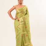 Light Green Embroidered Linen Saree with Unstitch Blouse - Anvi Couture