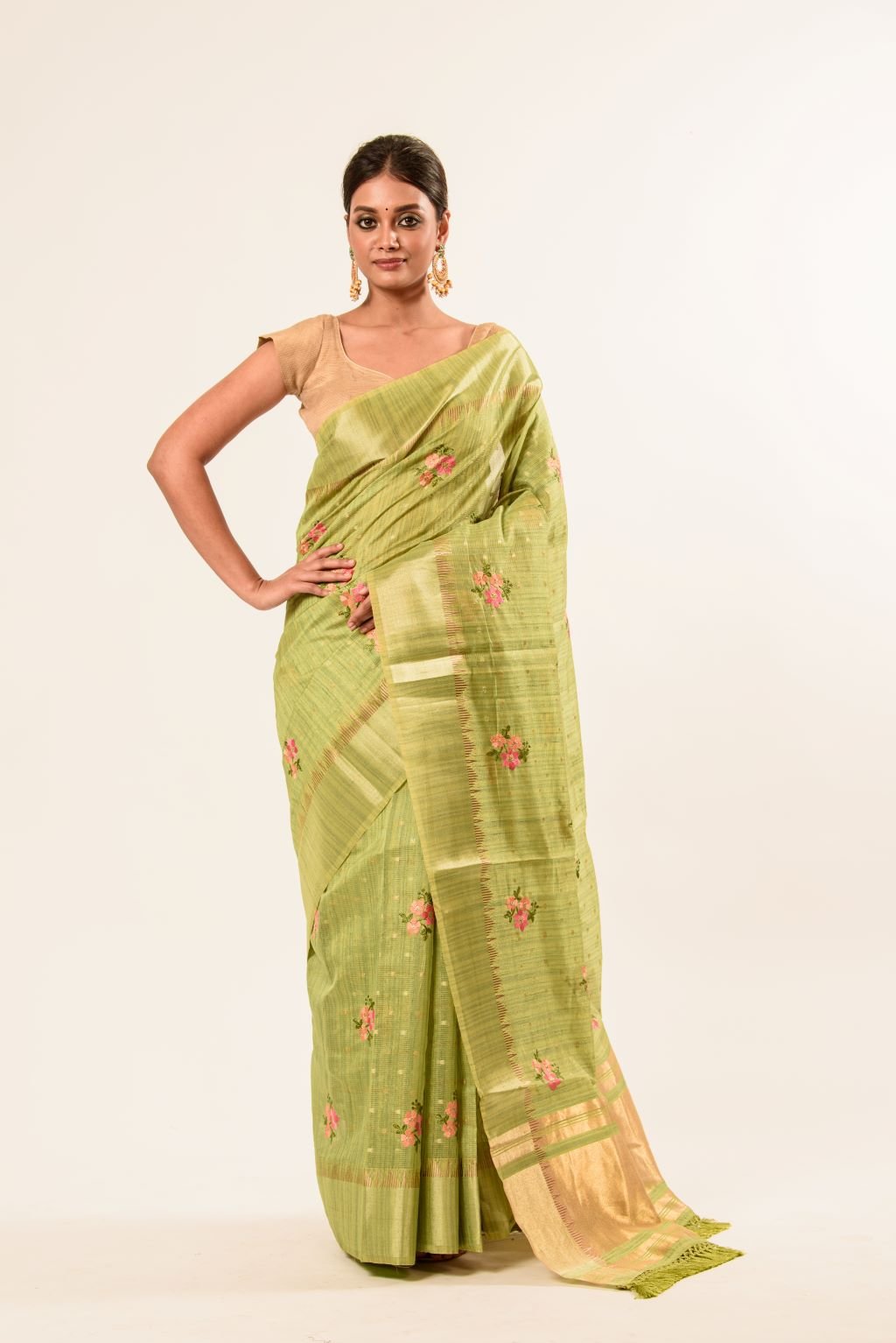 Light Green Embroidered Linen Saree with Unstitch Blouse - Image 1