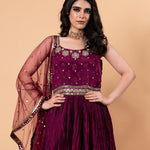 Wine Purple Embroidered Embellishment Silk Gown - Anvi Couture