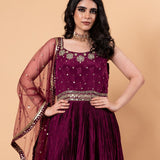 Wine Purple Embroidered Embellishment Silk Gown - Anvi Couture