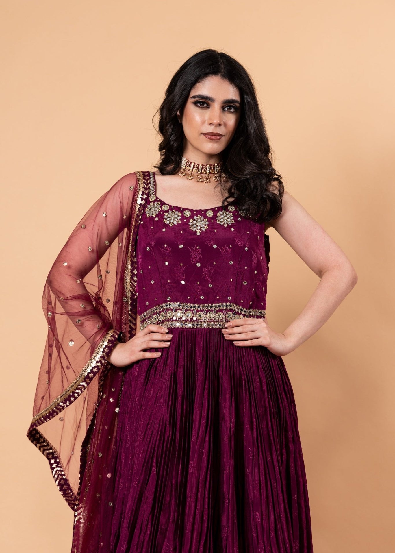 Wine Purple Embroidered Embellishment Silk Gown - Anvi Couture