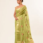 Light Green Embroidered Linen Saree with Unstitch Blouse - Anvi Couture