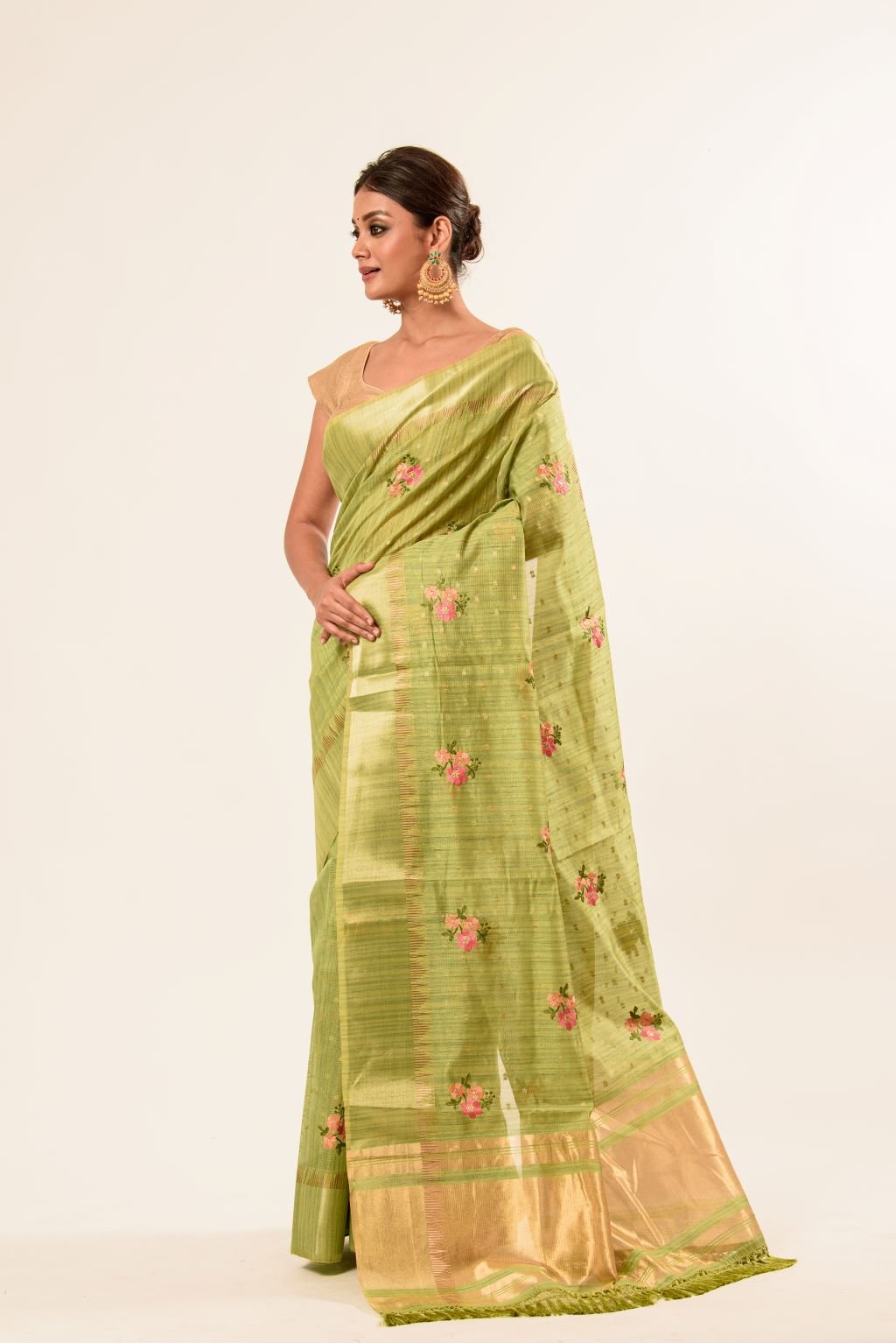 Light Green Embroidered Linen Saree with Unstitch Blouse - Image 2