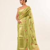 Light Green Embroidered Linen Saree with Unstitch Blouse - Anvi Couture