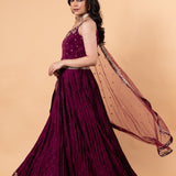 Wine Purple Embroidered Embellishment Silk Gown - Anvi Couture