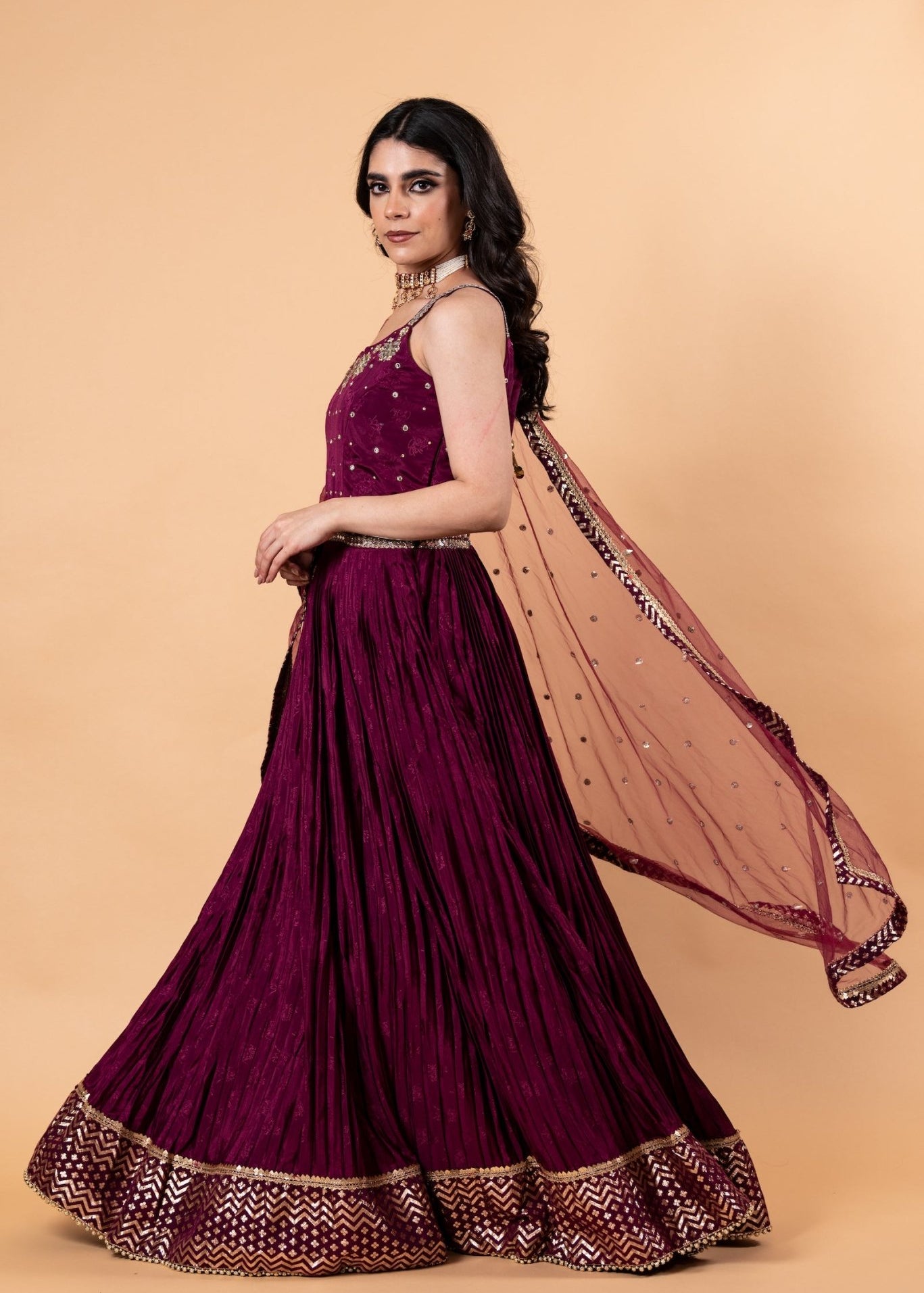 Wine Purple Embroidered Embellishment Silk Gown - Anvi Couture