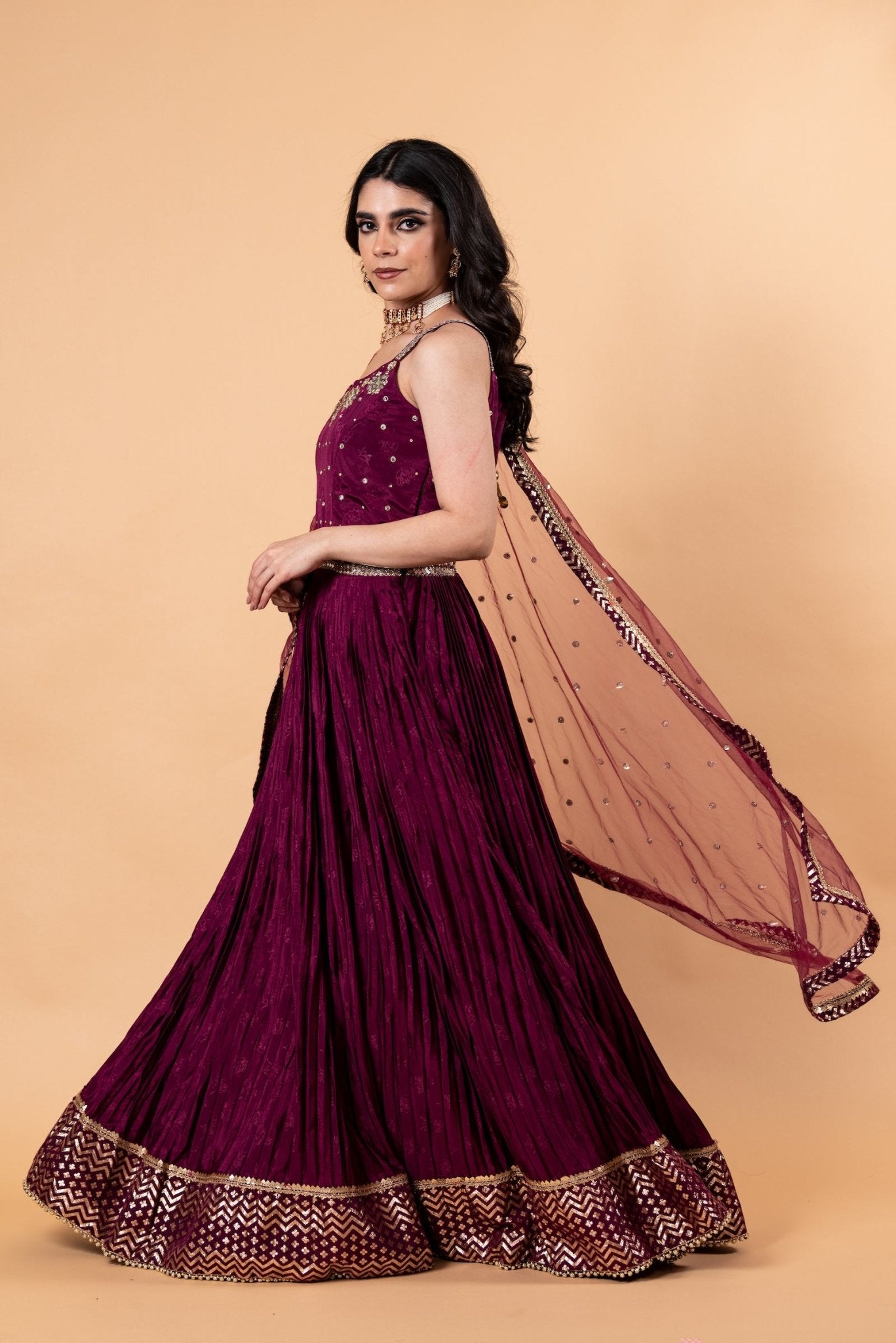 Wine Purple Embroidered Embellishment Silk Gown - Anvi Couture