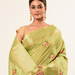 Light Green Embroidered Linen Saree with Unstitch Blouse - Anvi Couture