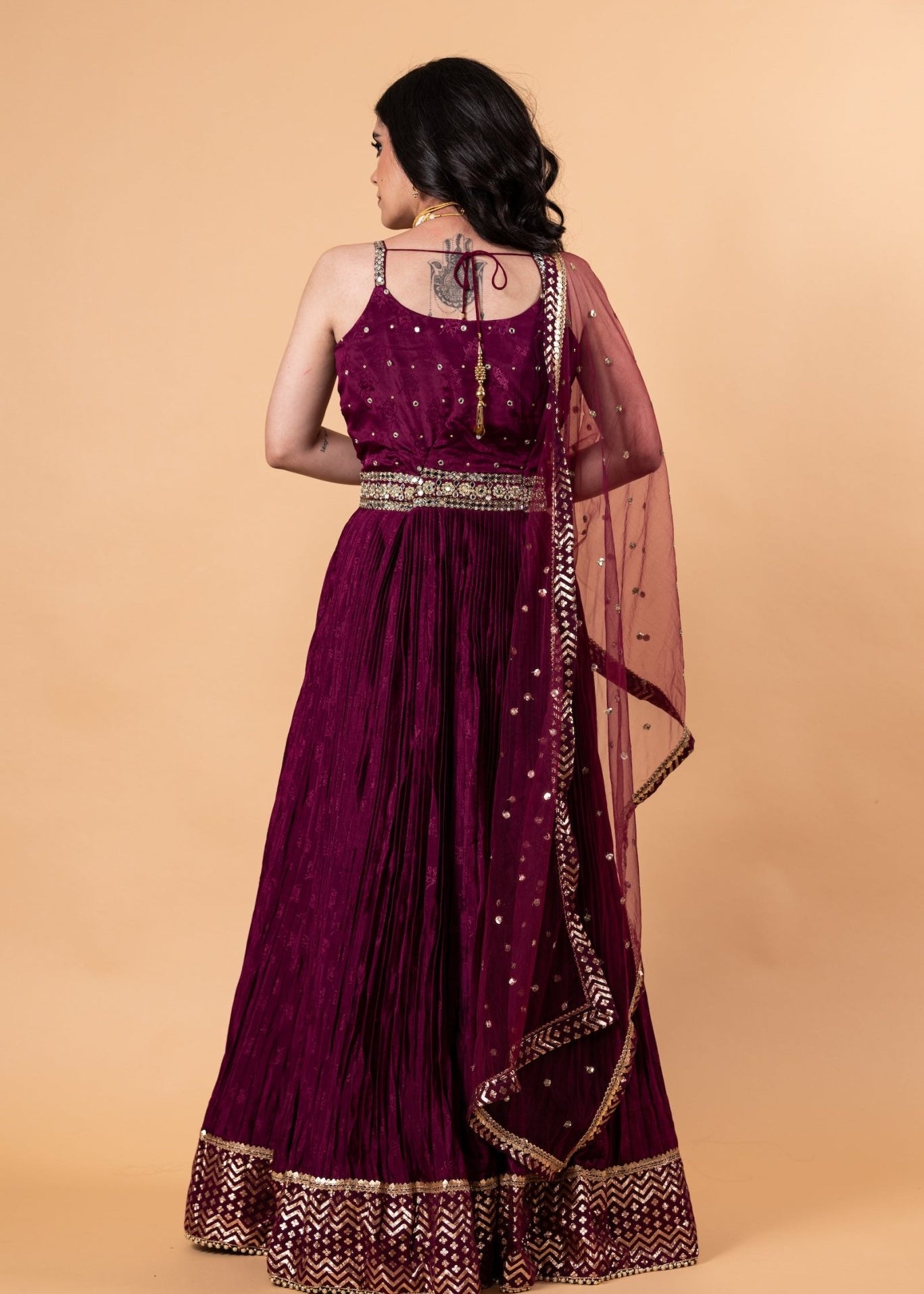 Wine Purple Embroidered Embellishment Silk Gown - Anvi Couture