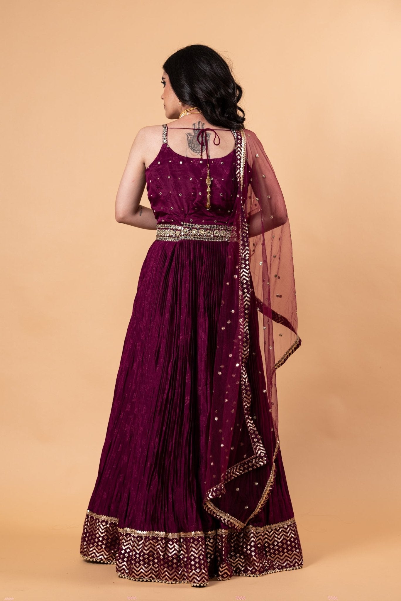 Wine Purple Embroidered Embellishment Silk Gown - Anvi Couture