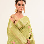 Light Green Embroidered Linen Saree with Unstitch Blouse - Anvi Couture