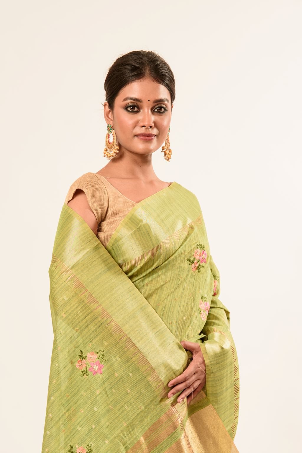 Light Green Embroidered Linen Saree with Unstitch Blouse - Anvi Couture