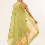 Light Green Embroidered Linen Saree with Unstitch Blouse - Anvi Couture