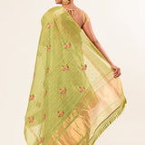 Light Green Embroidered Linen Saree with Unstitch Blouse - Image 4