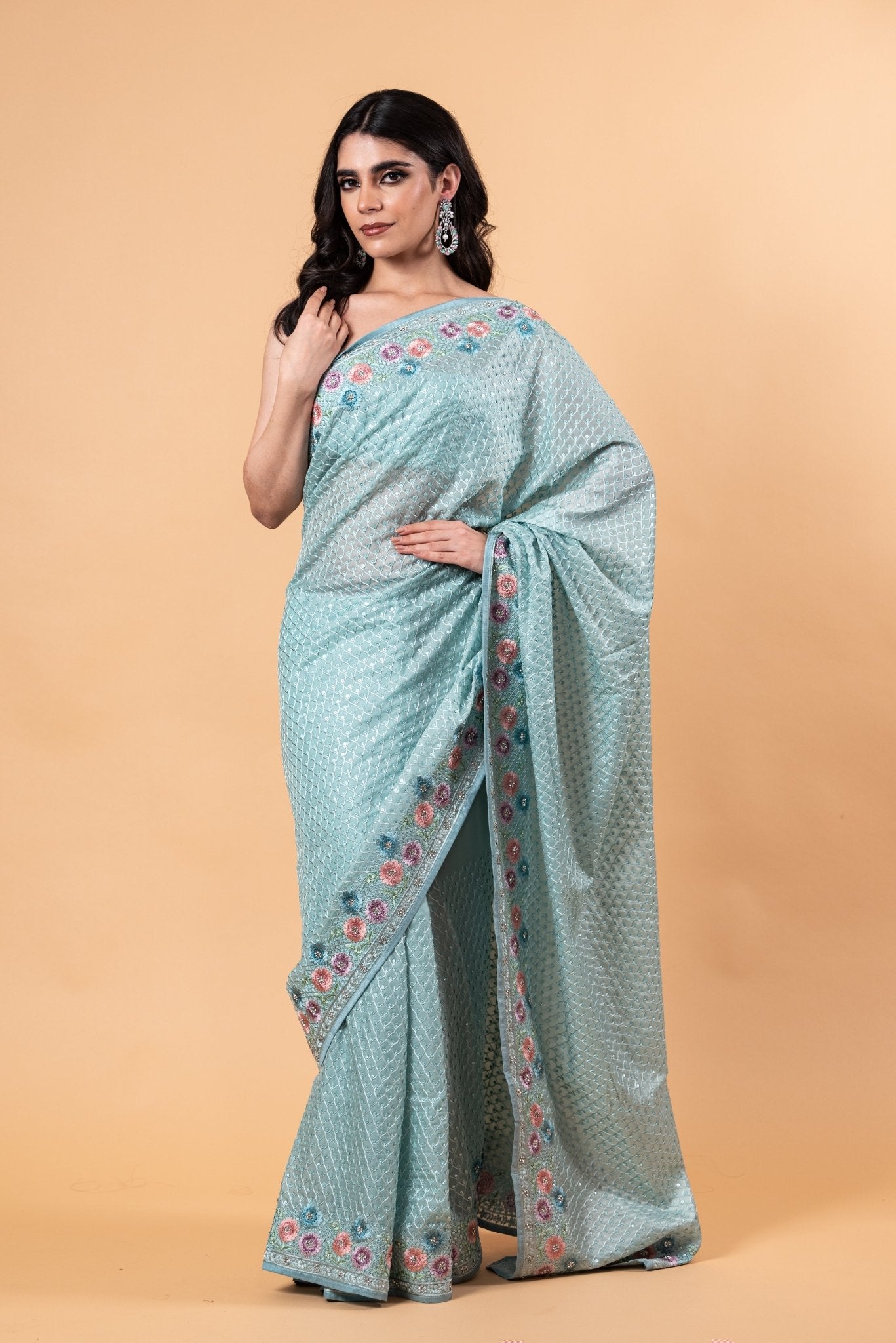 Light Blue Designer Silk Saree with all over Floral Motif embroidery and Jaal work - Anvi Couture