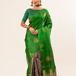 Green Borderless Authentic Kanjivaram Pure Silk Saree with Grey Contrast Pallu - Anvi Couture