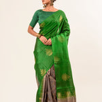 Green Borderless Authentic Kanjivaram Pure Silk Saree with Grey Contrast Pallu - Anvi Couture