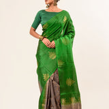 Green Borderless Authentic Kanjivaram Pure Silk Saree with Grey Contrast Pallu - Anvi Couture