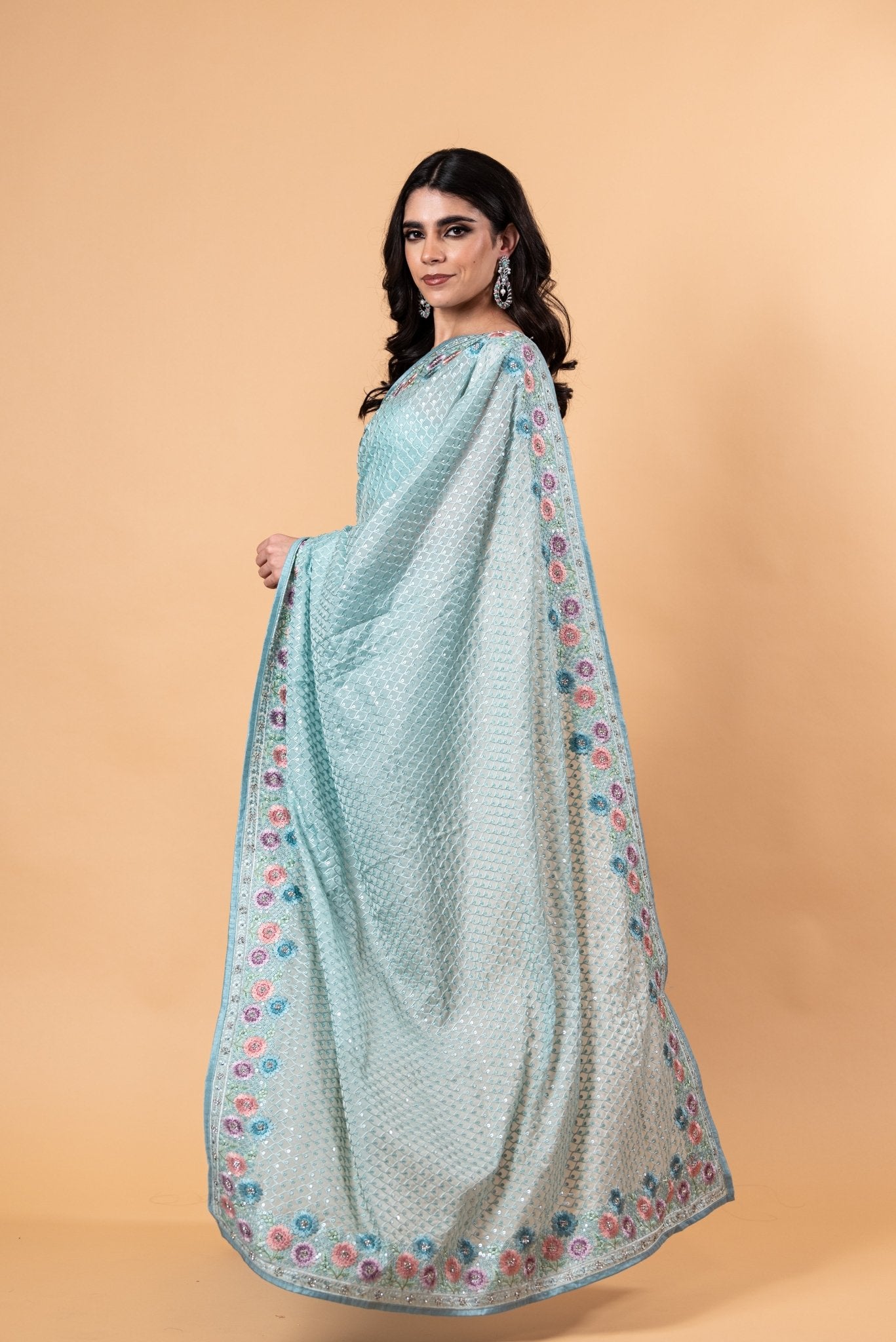 Light Blue Designer Silk Saree with all over Floral Motif embroidery and Jaal work - Anvi Couture