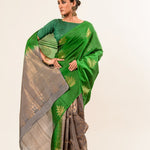 Green Borderless Authentic Kanjivaram Pure Silk Saree with Grey Contrast Pallu - Anvi Couture