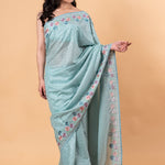 Light Blue Designer Silk Saree with all over Floral Motif embroidery and Jaal work - Anvi Couture