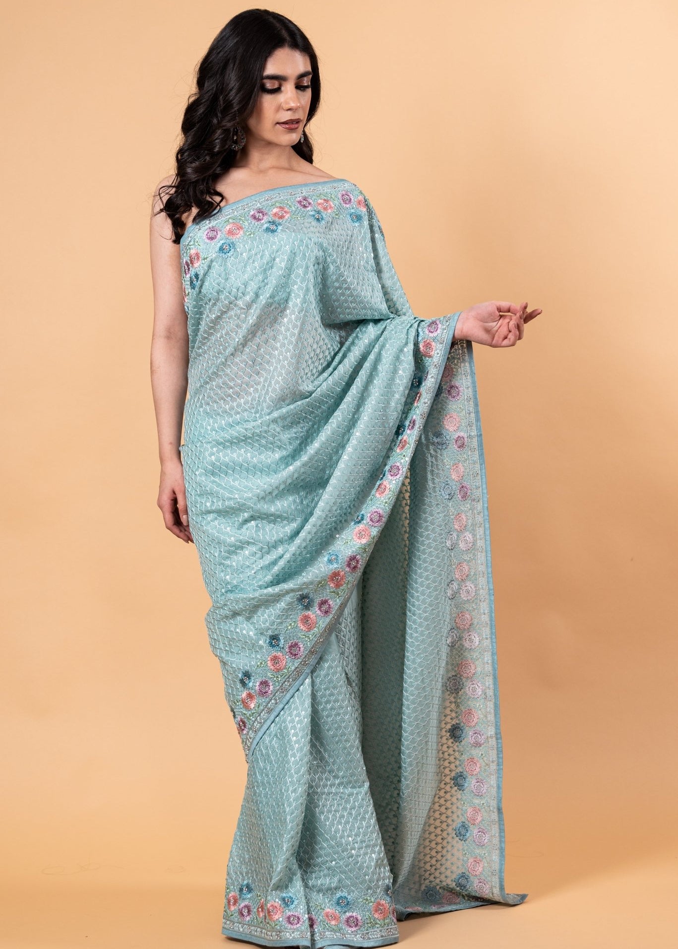 Light Blue Designer Silk Saree with all over Floral Motif embroidery and Jaal work - Anvi Couture