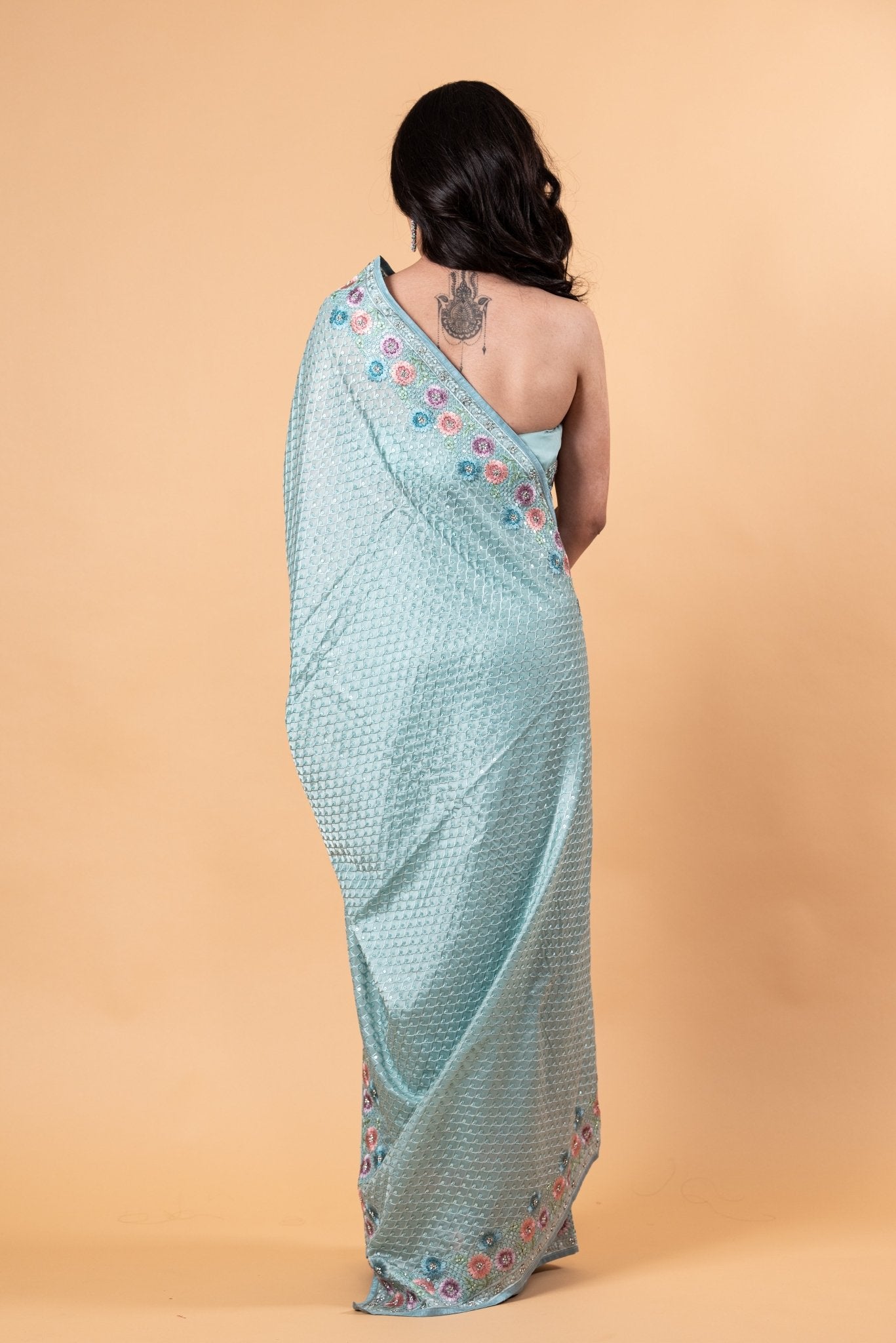 Light Blue Designer Silk Saree with all over Floral Motif embroidery and Jaal work - Image 5