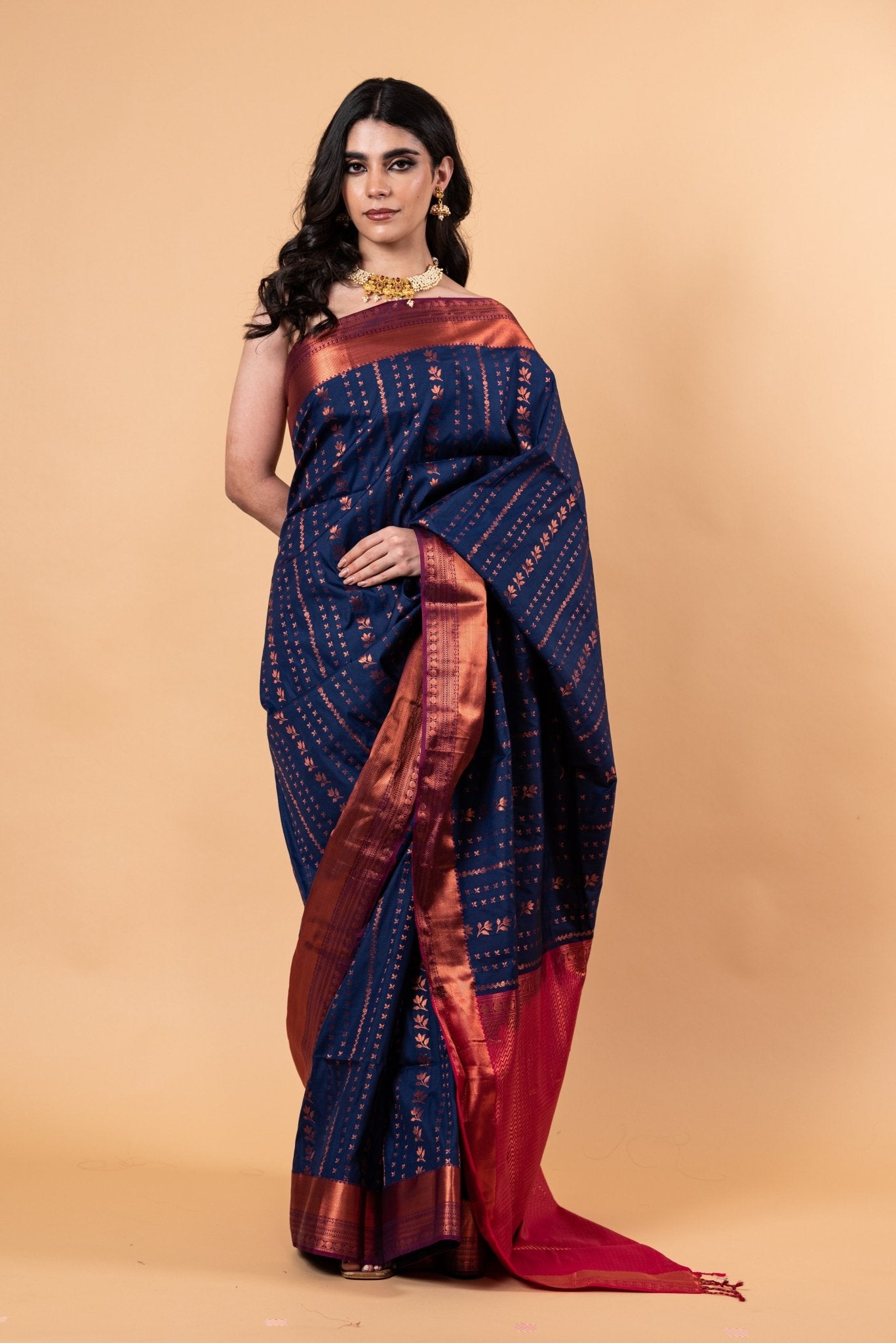 Dark Blue Silk Saree with Copper Zari Woven - Anvi Couture